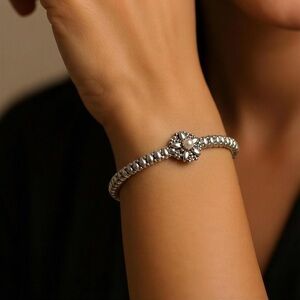 Sterling Silver Flower Bead Stretch Bracelet - Silver